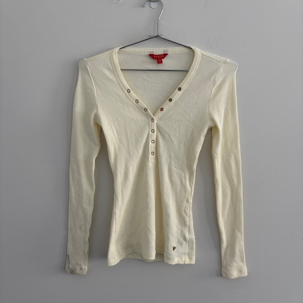 Guess Los Angeles Womens Waffle Knit Henley Top Cream XS Long Sleeve